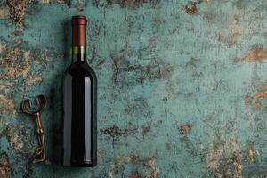 Wine bottle and corkscrew on a textured background with blank space. photo