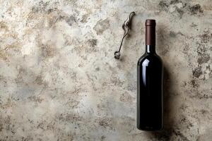 Wine bottle and corkscrew on a textured background with blank space. photo