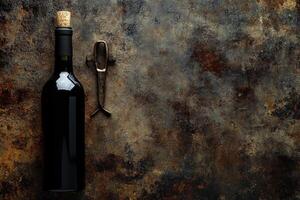 Wine bottle and corkscrew on a textured background with blank space. photo