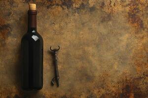 Wine bottle and corkscrew on a textured background with blank space. photo