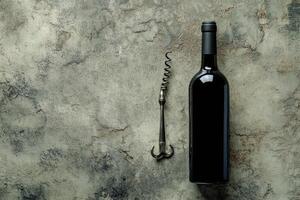 Wine bottle and corkscrew on a textured background with blank space. photo