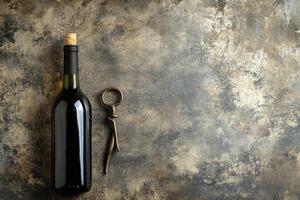 Wine bottle and corkscrew on a textured background with blank space. photo