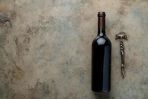 Wine bottle and corkscrew on a textured background with blank space. photo