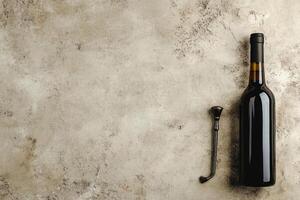 Wine bottle and corkscrew on a textured background with blank space. photo