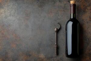 Wine bottle and corkscrew on a textured background with blank space. photo