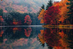 Reflective autumn landscape by a tranquil lake. photo