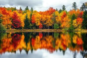 Reflective autumn landscape by a tranquil lake. photo