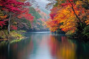 A serene river flowing through autumnal trees. photo