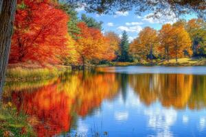 Reflective autumn landscape by a tranquil lake. photo