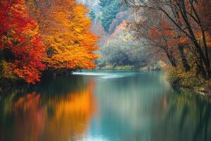 A serene river flowing through autumnal trees. photo