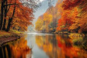 A serene river flowing through autumnal trees. photo