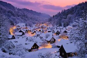 A quaint village blanketed in snow as the sun sets. photo