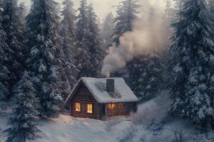 A cozy cabin nestled in a snowy forest. photo