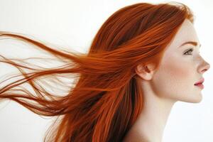 Profile portrait of a beautiful red-haired young woman with flowing hair on a white studio background. photo
