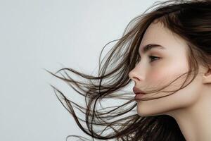 A profile portrait of a young brunette woman with flowing hair on a white background. photo