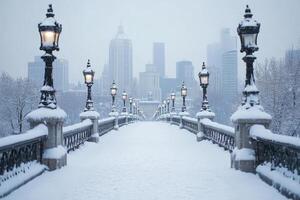 A city bridge covered in snow with the skyline in the background. photo