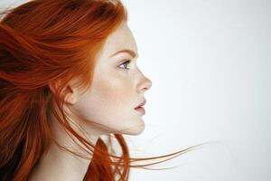 Profile portrait of a beautiful red-haired young woman with flowing hair on a white studio background. photo