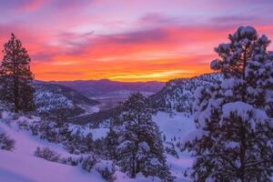 Snow-covered hills and pine trees under a vibrant sunset. photo
