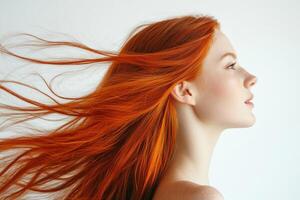 Profile portrait of a beautiful red-haired young woman with flowing hair on a white studio background. photo
