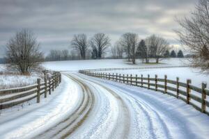 A country road covered in snow, lined with fences. photo