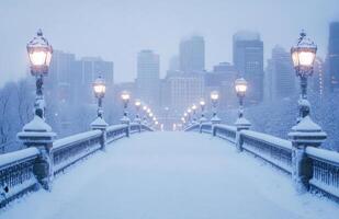 A city bridge covered in snow with the skyline in the background. photo