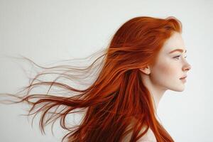 Profile portrait of a beautiful red-haired young woman with flowing hair on a white studio background. photo