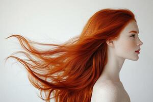 Profile portrait of a beautiful red-haired young woman with flowing hair on a white studio background. photo