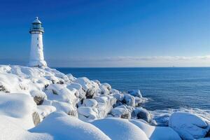 A lighthouse covered in snow by the winter sea. photo