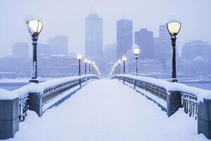 A city bridge covered in snow with the skyline in the background. photo