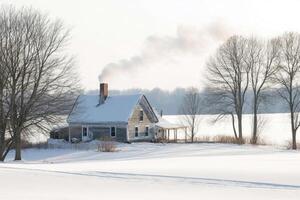 A farmhouse surrounded by snow in the countryside. photo