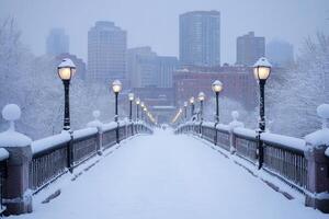 A city bridge covered in snow with the skyline in the background. photo