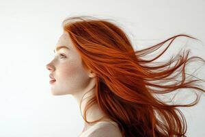 Profile portrait of a beautiful red-haired young woman with flowing hair on a white studio background. photo