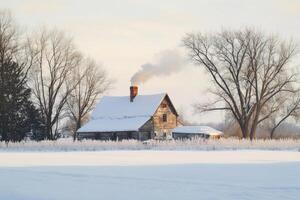 A farmhouse surrounded by snow in the countryside. photo