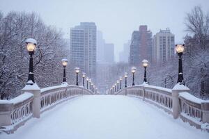 A city bridge covered in snow with the skyline in the background. photo