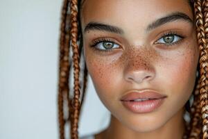 Close-up portrait of a young beautiful woman with boho braids on a white studio background. photo