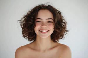 Smiling young woman with sock curls in a white studio. photo
