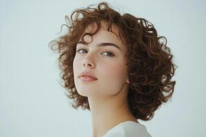 Beautiful woman with sock curls gazing thoughtfully in a white studio setting. photo