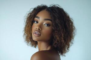 Beautiful woman with sock curls gazing thoughtfully in a white studio setting. photo