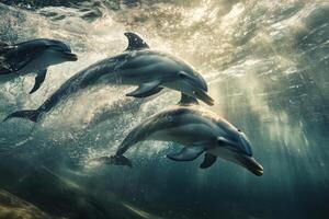 A group of dolphins playfully swimming near the surface of the water. photo