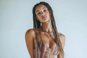 Full-body portrait of a young beautiful woman with boho braids, posing gracefully on a white studio background. photo