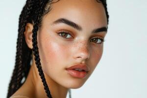 Close-up portrait of a young beautiful woman with boho braids on a white studio background. photo