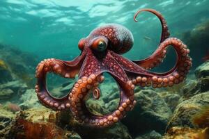 A curious octopus exploring the seafloor with its tentacles extended. photo