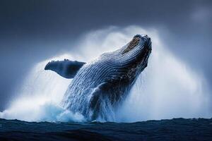 A majestic whale breaching the water, surrounded by a spray of ocean mist. photo