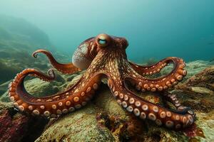A curious octopus exploring the seafloor with its tentacles extended. photo