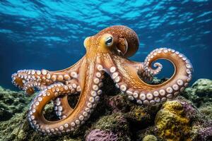 A curious octopus exploring the seafloor with its tentacles extended. photo