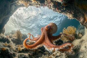 A curious octopus exploring the seafloor with its tentacles extended. photo
