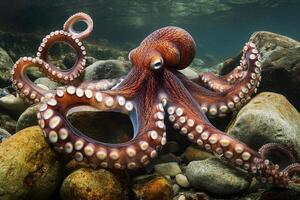 A curious octopus exploring the seafloor with its tentacles extended. photo