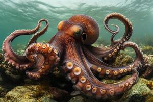 A curious octopus exploring the seafloor with its tentacles extended. photo