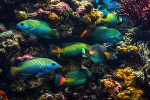 A vibrant school of parrotfish grazes on coral in a bustling, colorful reef. photo