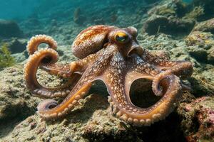A curious octopus exploring the seafloor with its tentacles extended. photo